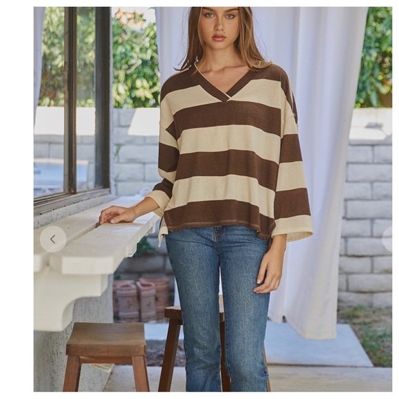 #07 So Cute Boho Color Block Striped V neck Loose Fit Top - Picture 6 of 6